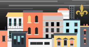 Stylized cityscape with all the windows darkened, except one. Fleur-de-lis in corner